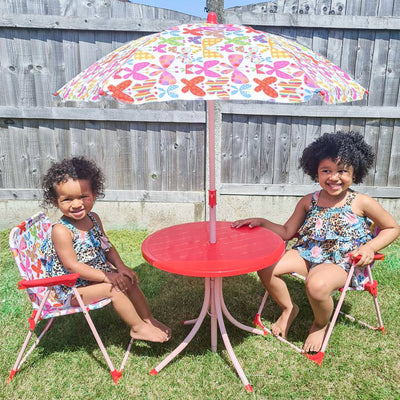 Outsunny Kids Outdoor Bistro Table and Chair Set Butterfly Pattern Garden Patio Backyard with Removable & Height Adjustable Parasol 