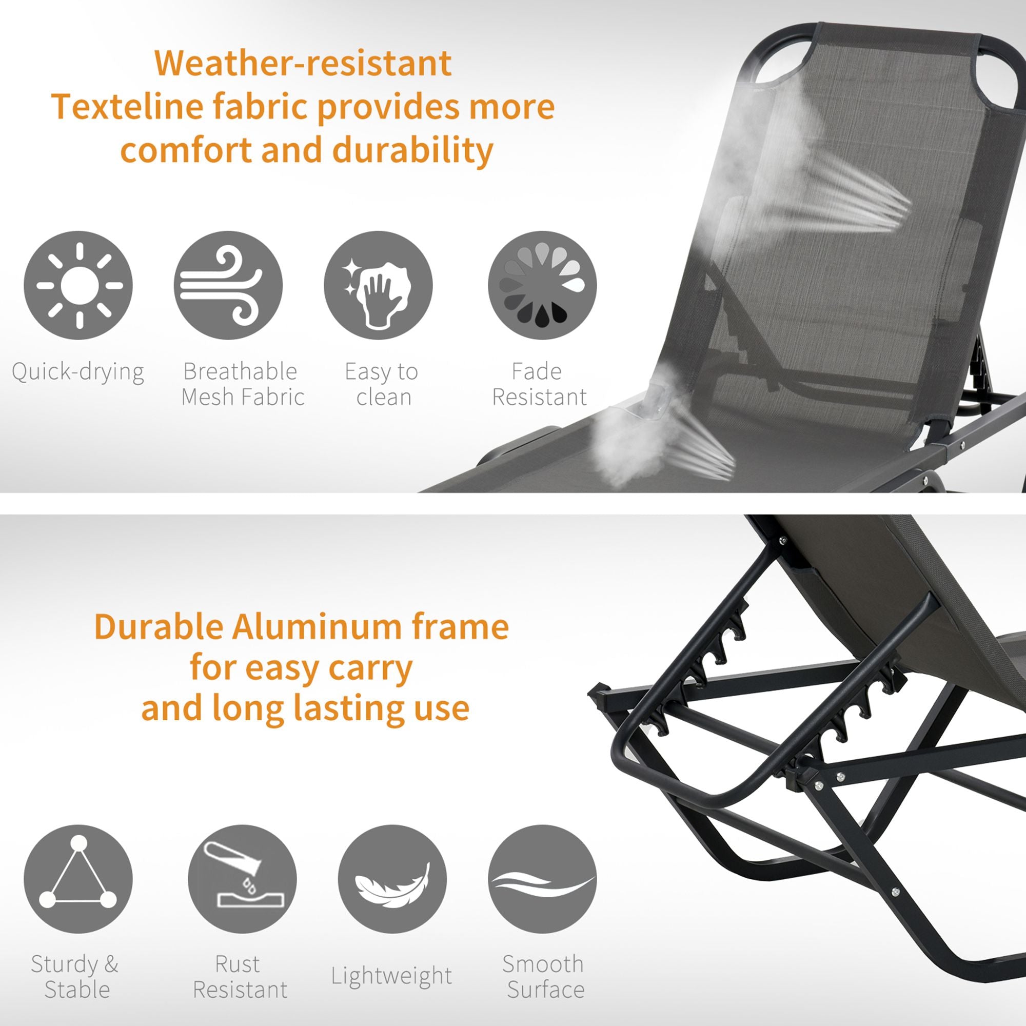 Outsunny Sun Lounger Relaxed Recliner with 5-Position Adjustable Backrest Aluminium Frame for Pool, Sun Bathing, Grey 