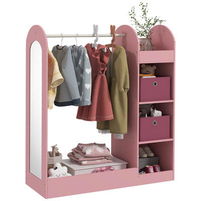 AIYAPLAY Kids Clothes Rail with Storage Shelf, Boxes, Mirror for Bedroom, Nursery, Pink 
