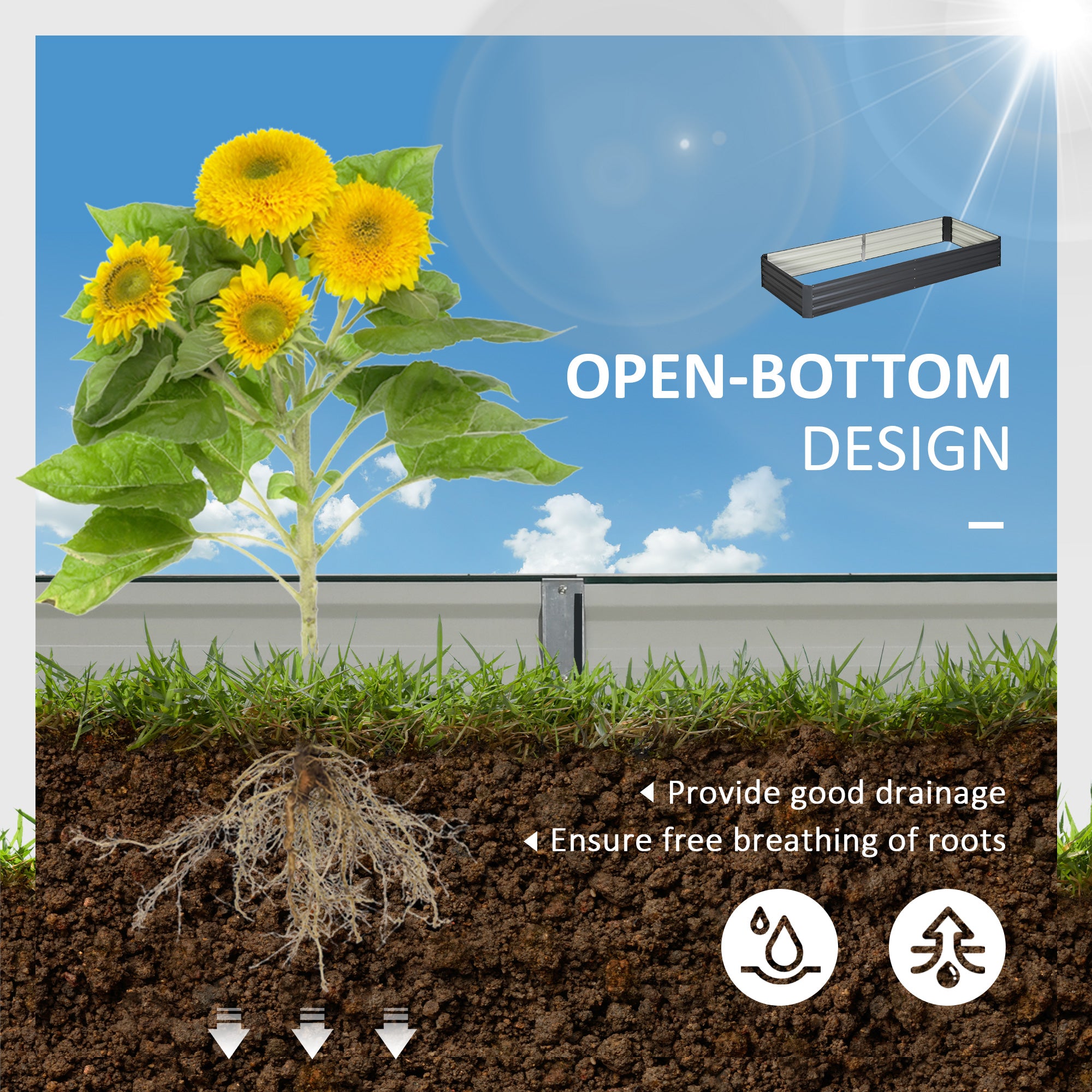 Outsunny Metal Raised Garden Bed Planter Box Outdoor Planters for Growing Flowers, Herbs, Grey, 241x90.5x30cm 