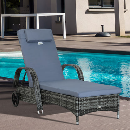 Outsunny Garden Rattan Furniture Single Sun Lounger Recliner Bed Reclining Chair Patio Outdoor Wicker Weave Adjustable Headrest with Fire Retardant Cushion - Grey 
