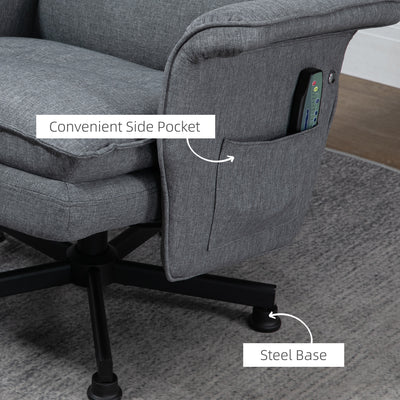 HOMCOM Swivel Recliner Chair and Footstool, Upholstered Massage Recliner Armchair with Remote Control, Timer and Steel Base, Grey 