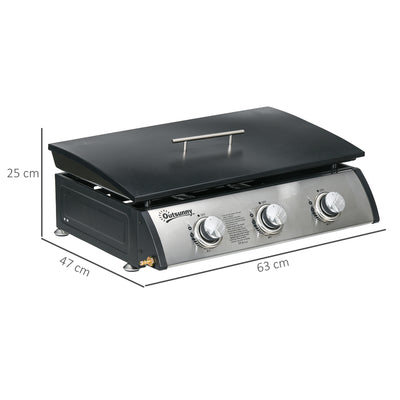 Outsunny 3 Burner Gas Plancha BBQ Grill with Lid, Black 