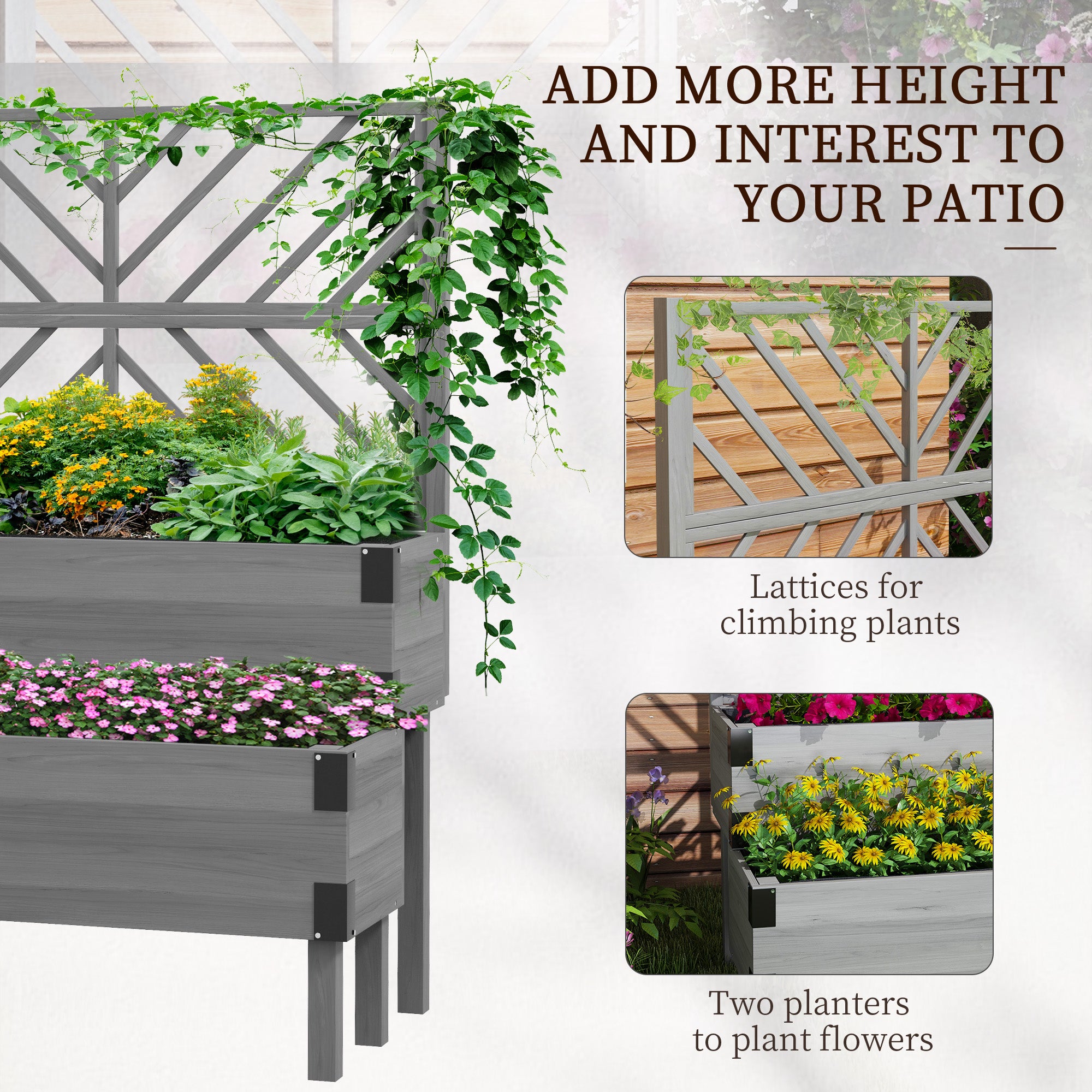 Outsunny Raised Garden Bed with Trellis, 2-Tier Wooden Elevated Planter Box  for Vegetables, Flowers, Herbs, Grey 