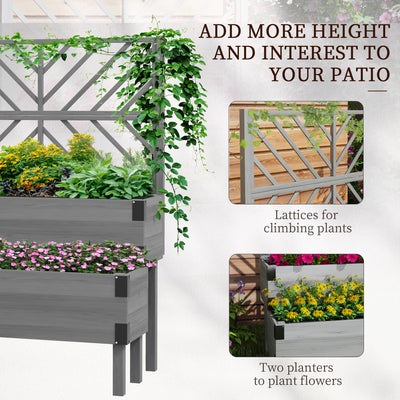 Outsunny Raised Garden Bed with Trellis, 2-Tier Wooden Elevated Planter Box  for Vegetables, Flowers, Herbs, Grey 