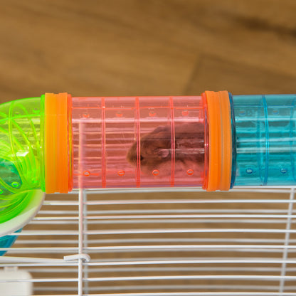 PawHut Hamster Cage, Gerbil Cage 3 Tier for Dwarf Hamster with Tube, Exercise Wheel, Water Bottle, Food Dish 59 x 36 x 47 cm- Blue 