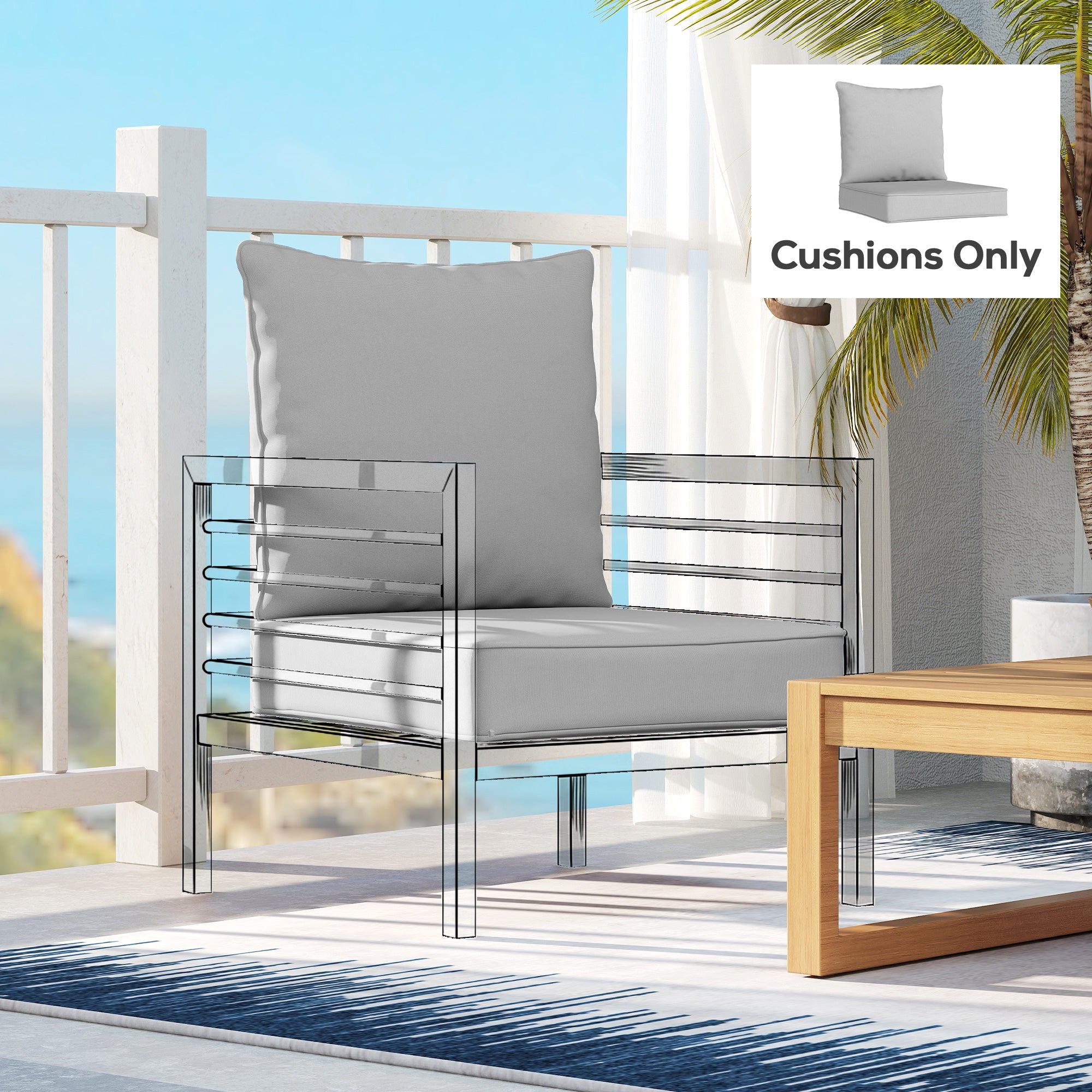 Outsunny Outdoor Seat and Back Cushion Set, 63L x 55W x 15Dcm Patio Deep Seating Chair Fade Resistant Replacement Cushion, Light Grey 