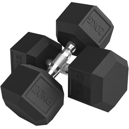 HOMCOM 2x20KG Rubber Hex Dumbbell Portable Hand Weights Dumbbell Home Gym