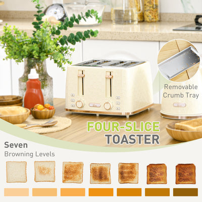 HOMCOM Kettle and Toaster Set, 1.7L 3000W Fast Boil Jug Kettle with Auto Shut Off, 4 Slice Toaster with 7 Level Browning Controls & Crumb Tray, Beige 