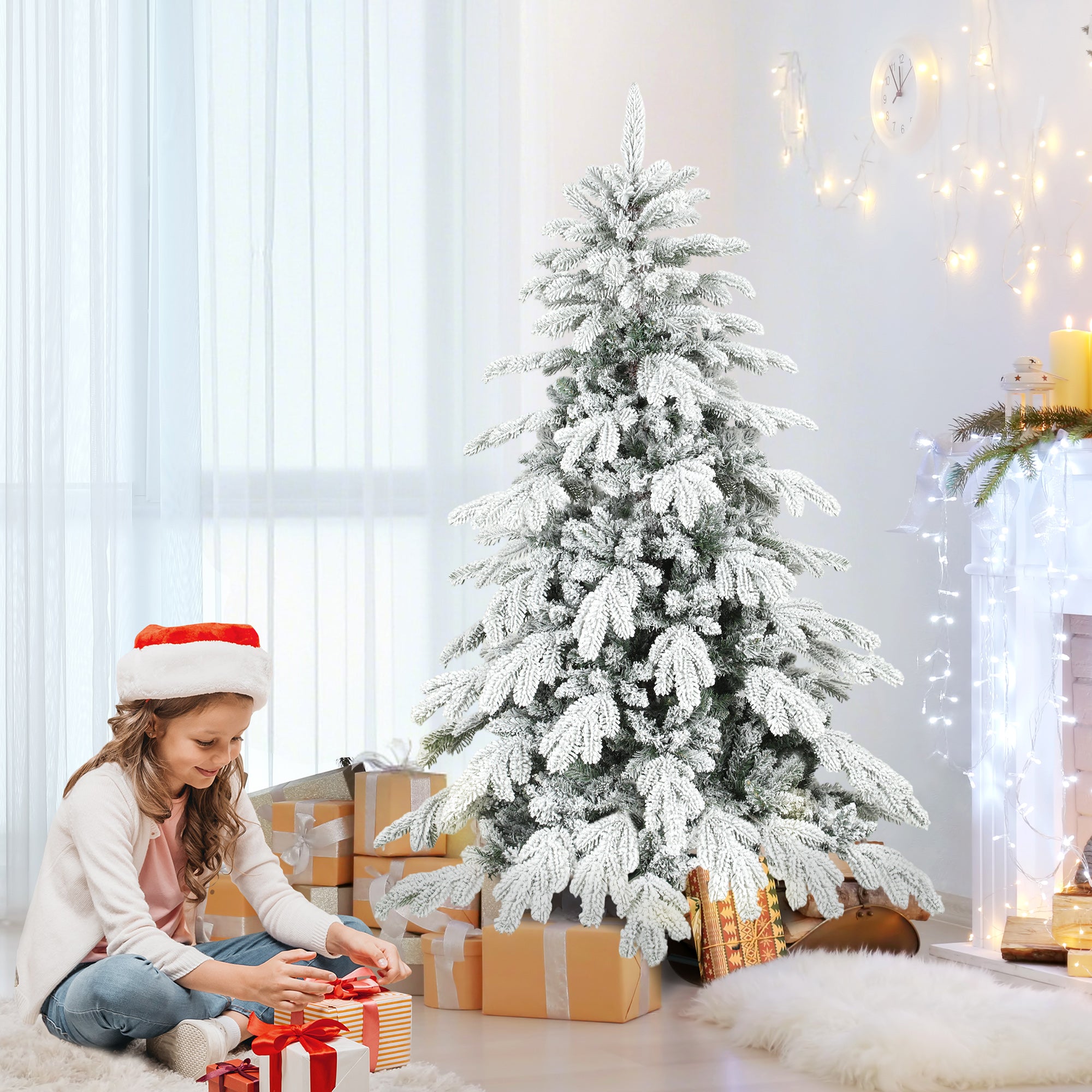 HOMCOM 5ft Super Flocked Christmas Tree - Green/White