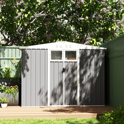 Outsunny 8 x 4 ft Metal Garden Shed, Garden Storage Shed with Window, 4 Vents and Lockable Door, Waterproof Galvanised Steel Tool Storage Shed, Light Grey 