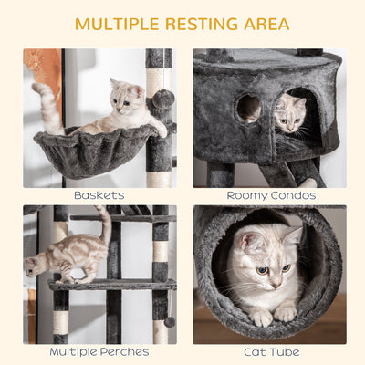 PawHut Floor-to-Ceiling Cat Tree for Indoor Cats, 240-260cm Adjustable Cat Tree - Dark Grey 