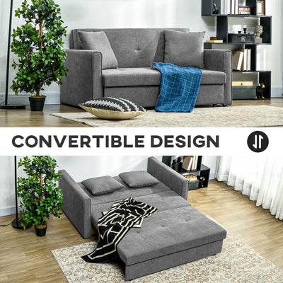 HOMCOM 2 Seater Sofa Bed, Convertible Bed Settee, Modern Fabric Loveseat Sofa Couch with 2 Cushions, Hidden Storage for Living Room, Guest Room, Light Grey 