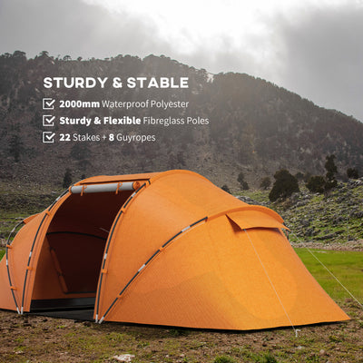 Outsunny 4-6 Man Camping Tent w/ Two Bedroom, Hiking Sun Shelter, UV Protection Tunnel Tent, Orange 