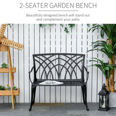 Outsunny 2-Seater Cast Aluminium Garden Bench Loveseat Outdoor Furniture Chair w/ Decorative Backrest & Ergonomic Armrest for Patio Terrace Porch 