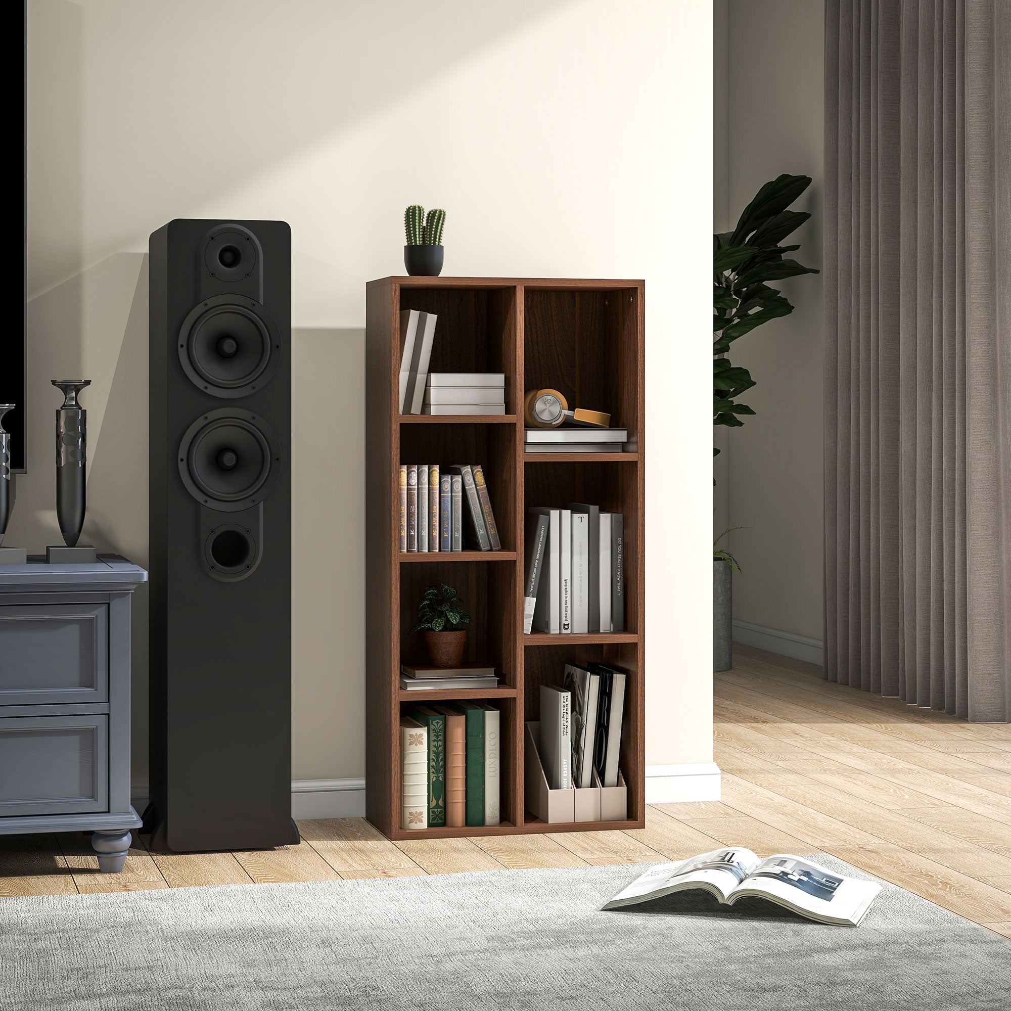 HOMCOM Seven-Cube Bookcase - Walnut Wood Effect 