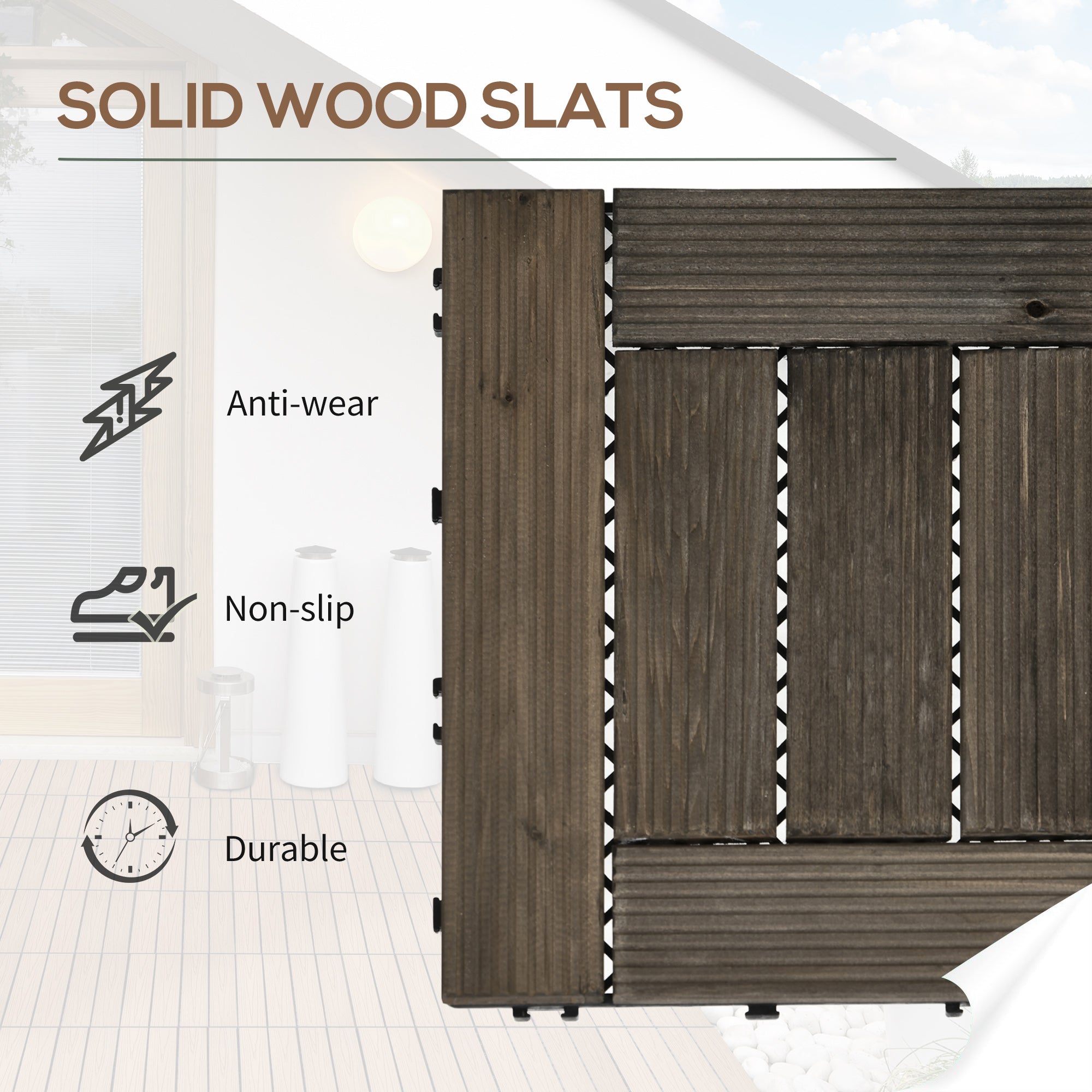 Outsunny 27 Pcs Wooden Interlocking Decking Tiles, 30 x 30 cm Outdoor Flooring Tiles, 2.5\'e3\'8e\'a1 per Pack, for Patio, Balcony, Terrace, Hot Tub, Charcoal Grey