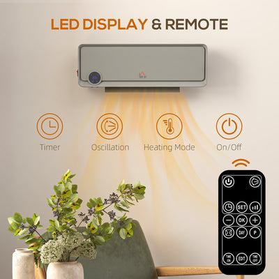 HOMCOM Wall Downflow Heater 2 Heat and Fan 1000W/2000W, Electric Space Heater with Timer Remote Oscillating, for Bedroom Home Office, Grey 