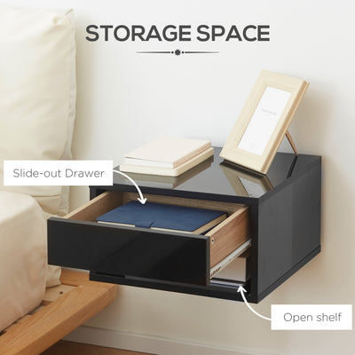 HOMCOM 2 Pieces Bedside Table Wall Mounted Nightstand with Drawer and Shelf for Bedroom, 37 x 32 x 21cm, High Gloss Black 