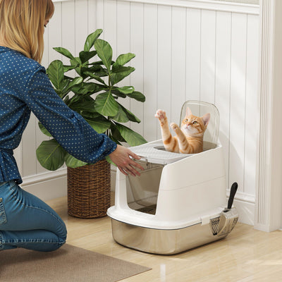 PawHut Large Stainless Steel Litter Box, Enclosed Metal Cat Litter Tray with Scoop, Deodoriser Bag, Front-Entry and Top-Exit 