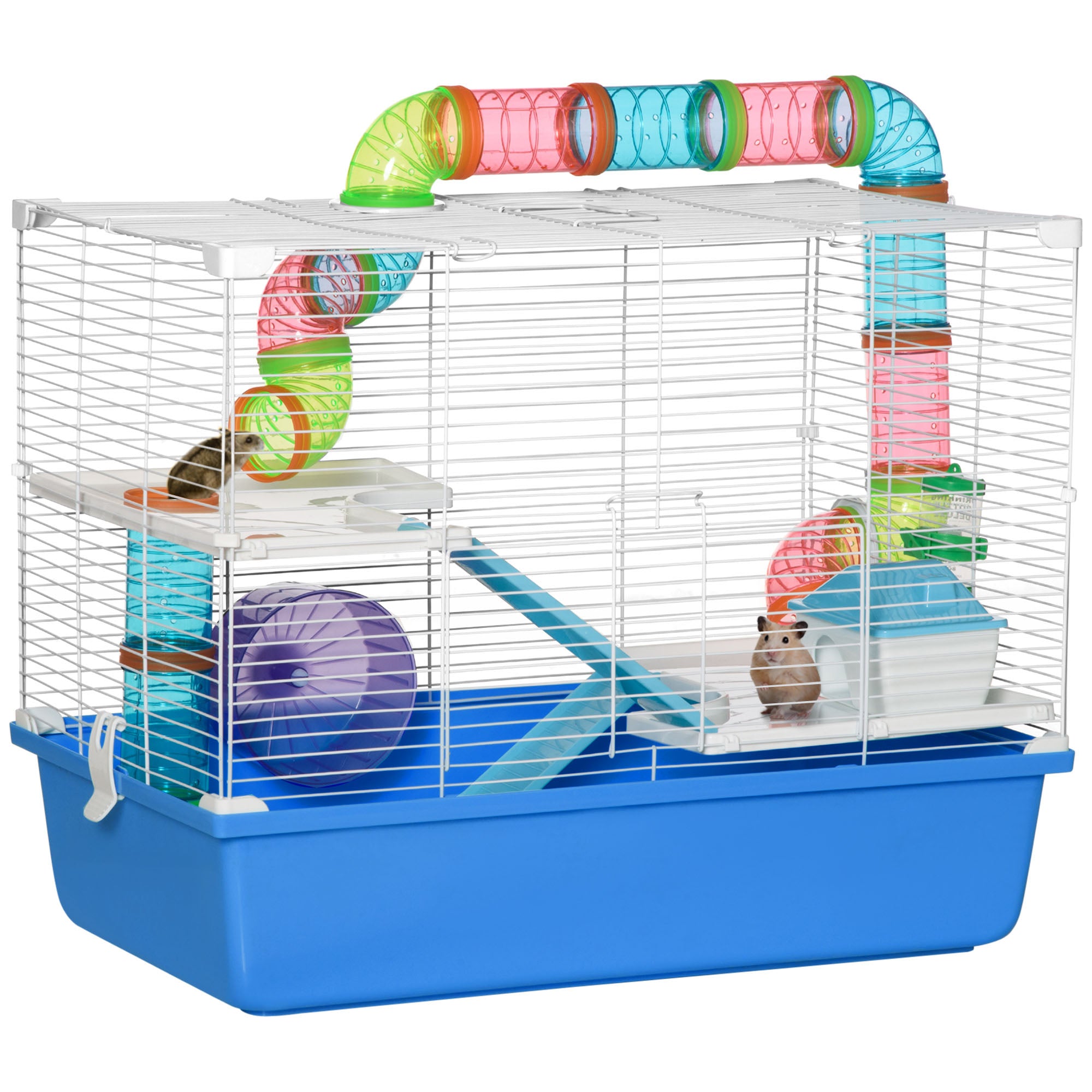 PawHut Hamster Cage, Gerbil Cage 3 Tier for Dwarf Hamster with Tube, Exercise Wheel, Water Bottle, Food Dish 59 x 36 x 47 cm- Blue 