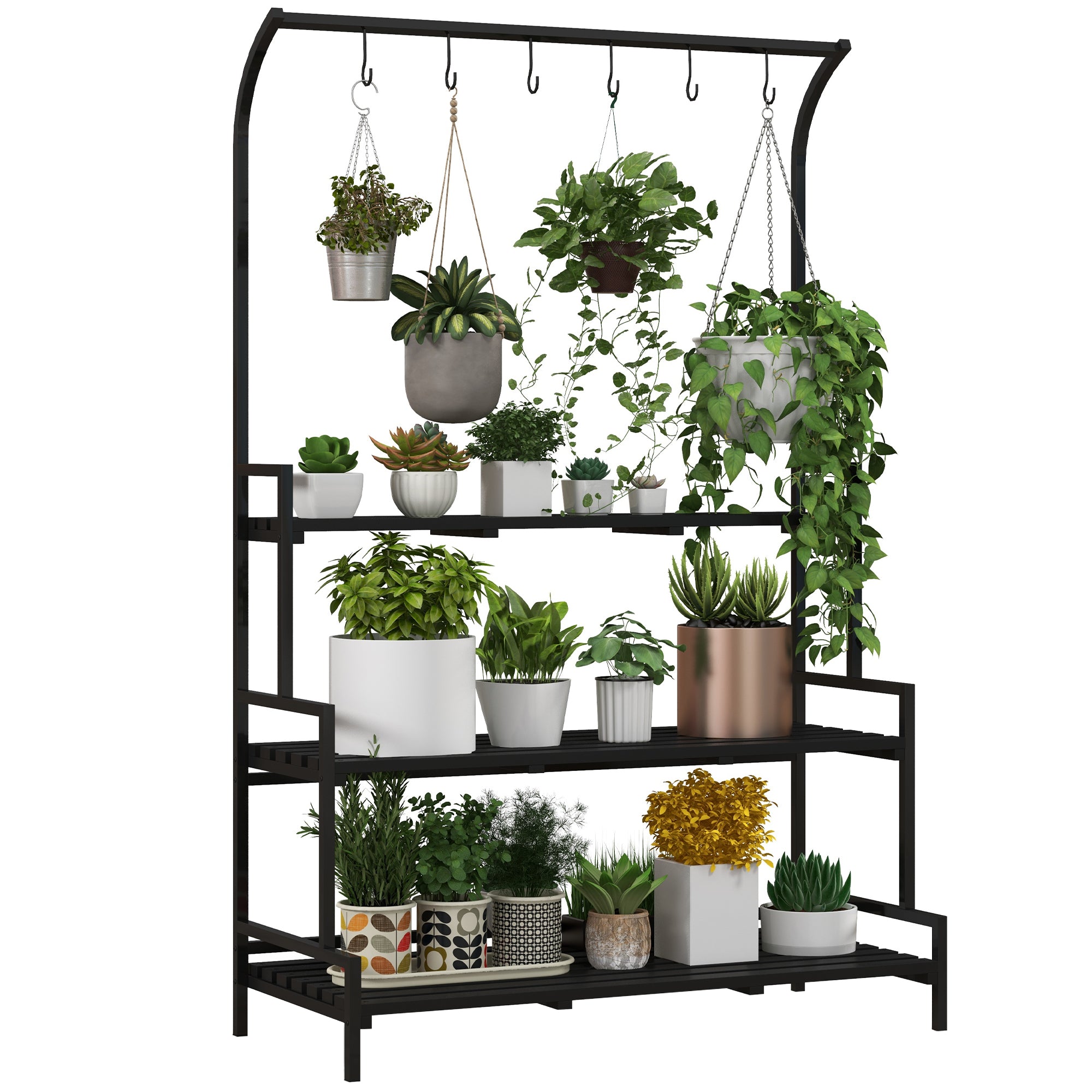 Outsunny 3 Tiered Plant Rack with Hanging Hooks, Tall Plant Stand for Indoor Outdoor Porch Balcony Use, Black 