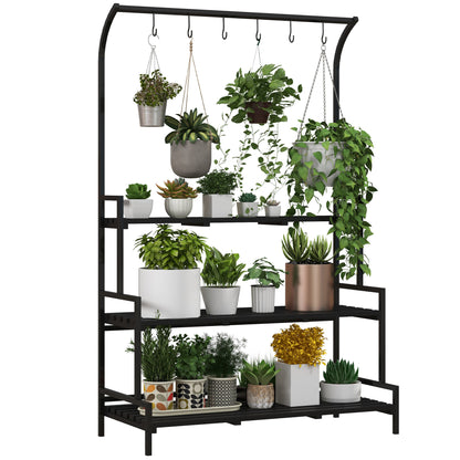 Outsunny 3 Tiered Plant Rack with Hanging Hooks, Tall Plant Stand for Indoor Outdoor Porch Balcony Use, Black 