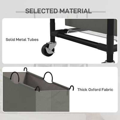 HOMCOM 126L Laundry Sorter, Rolling Wash Basket with Hanging Rail and Mobile 3-Bag Organiser for Bedroom, Bathroom, Laundry Room, 88-149.5L x 40W x 167H cm, Dark Grey 
