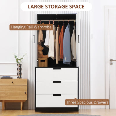 HOMCOM 2 Door Wardrobe, Modern Wardrobe with 3 Drawers and Hanging Rod for Bedroom, Black 