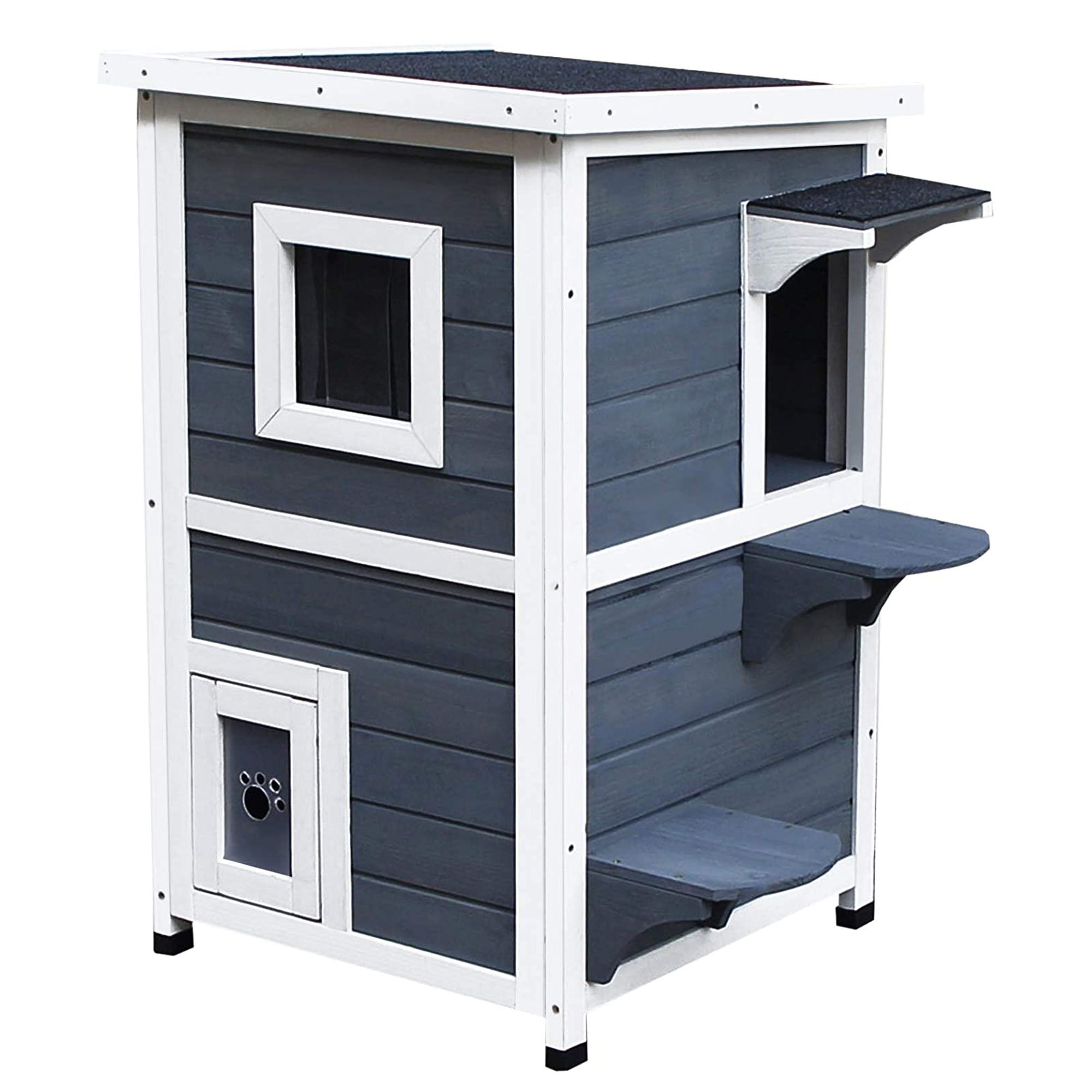 PawHut Wooden Cat House 2-Floor Outdoor Kitten Shelter with Window Grey 