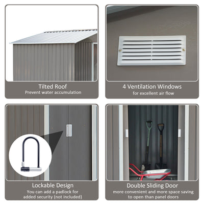 Outsunny 9 x 6FT Outdoor Garden Roofed Metal Storage Shed Tool Box with Foundation Ventilation & Doors Light, Grey 