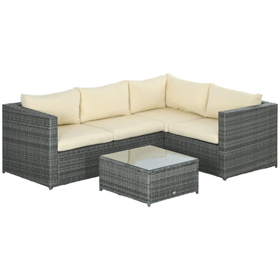 Outsunny 3 Pieces PE Rattan Garden Furniture Set with 10 cm Thick Cushions, 4 Seater Garden Corner Sofa Set with Glass Top Coffee Table, Outdoor Furniture for Patio, Porch, Beige 