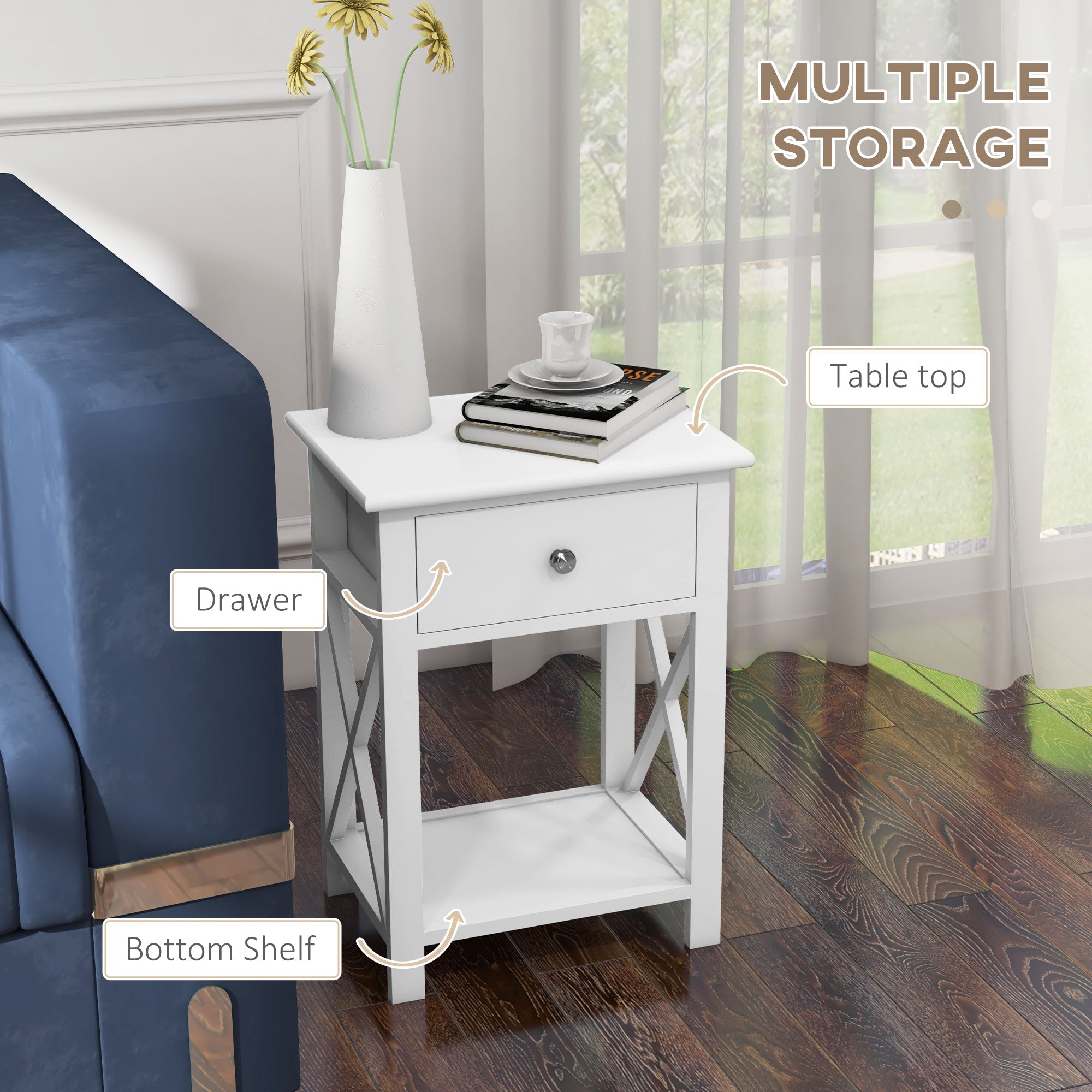 HOMCOM End Table, Sofa Side Table with Drawer X Bar Bottom Storage Shelf, Nightstand Bedside Table for Bedroom or Living Room White 