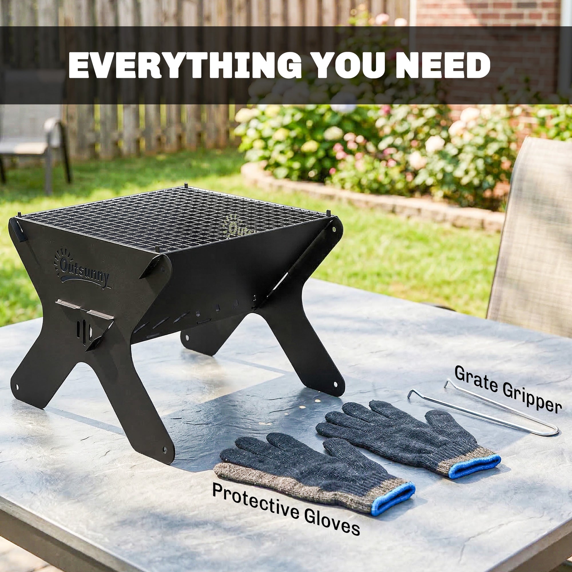 Outsunny 2-In-1 Portable BBQ Grill and Camping Fire Pit, Tabletop Charcoal Barbecue Grill with Gripper, Gloves and Carry Bag 