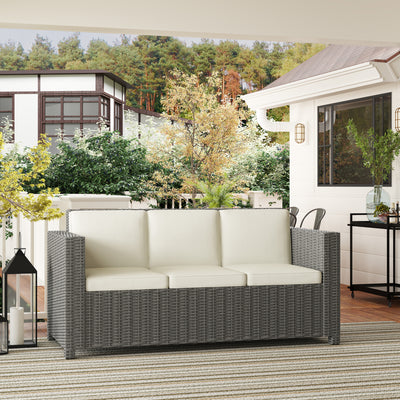 Outsunny 3 Seater Rattan Sofa All-Weather Wicker Weave Metal Frame Chair with Fire Resistant Cushio-Cream 