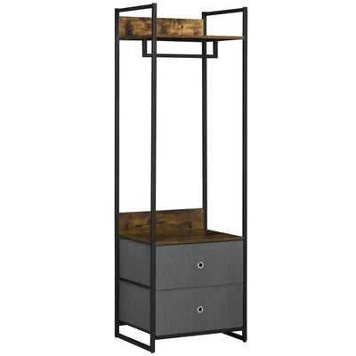 HOMCOM Clothes Rail, Metal Coat Stand, Garment Rack with 2 Fabric Storage Drawers, Single Wardrobe for Bedroom, Hallway, Rustic Brown and Grey 