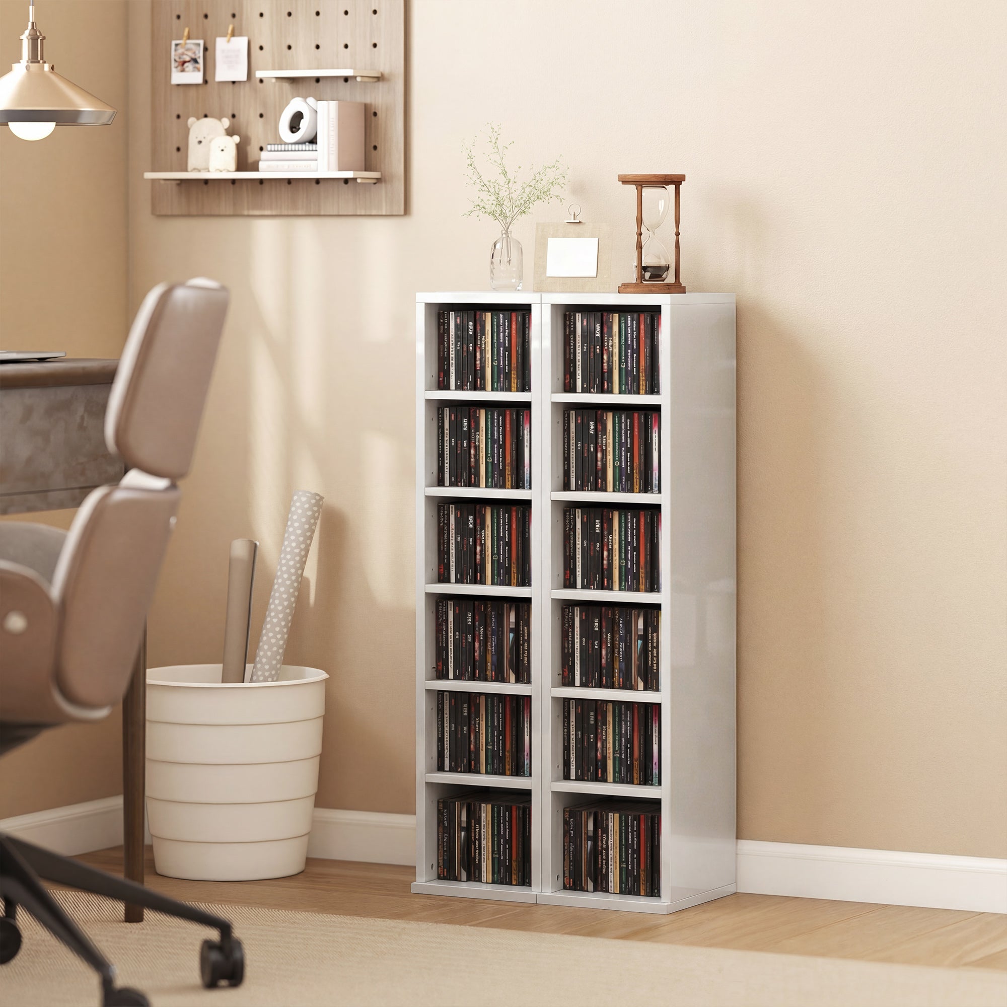 HOMCOM Set of 2 CD Media Display Shelf Unit Tower Rack with Adjustable Shelves, High Gloss White 