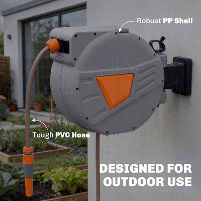 Outsunny Retractable Hose Reel Wall Mounted, 20+1.6m Garden Hose Pipe Reel with Auto Retraction, Self-Locking, Orange 