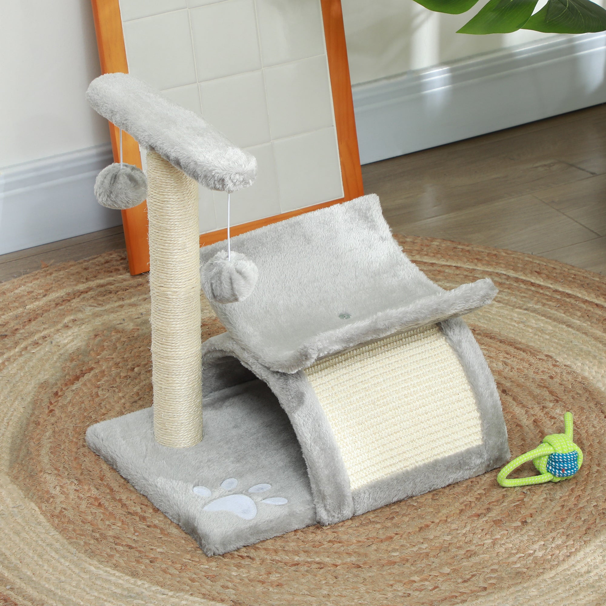 PawHut Cat Tree, Cat Tower for Kittens, Small Cat Condo with Rotatable Top Bar, Sisal Scratching Post, Tunnel, Dangling Balls - Grey 