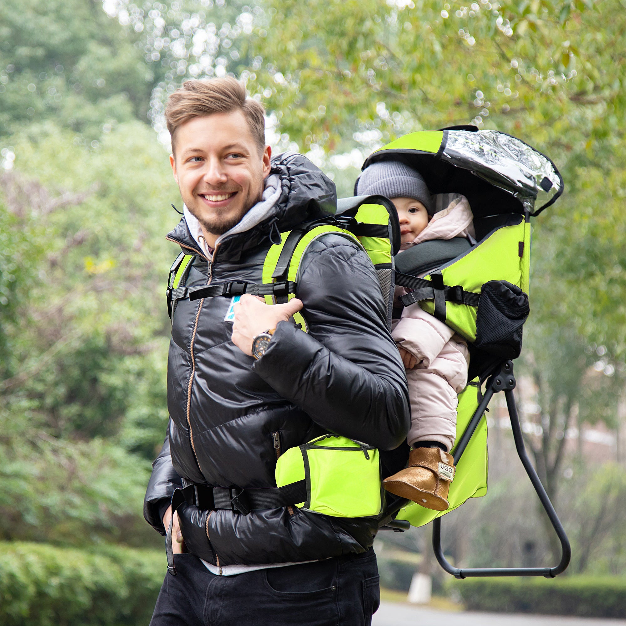 HOMCOM Baby Hiking Backpack Carrier Child Carrier with Ergonomic Hip Seat Detachable Rain Cover Adjustable Straps Stand for Toddler 6 - 36 Months Green 