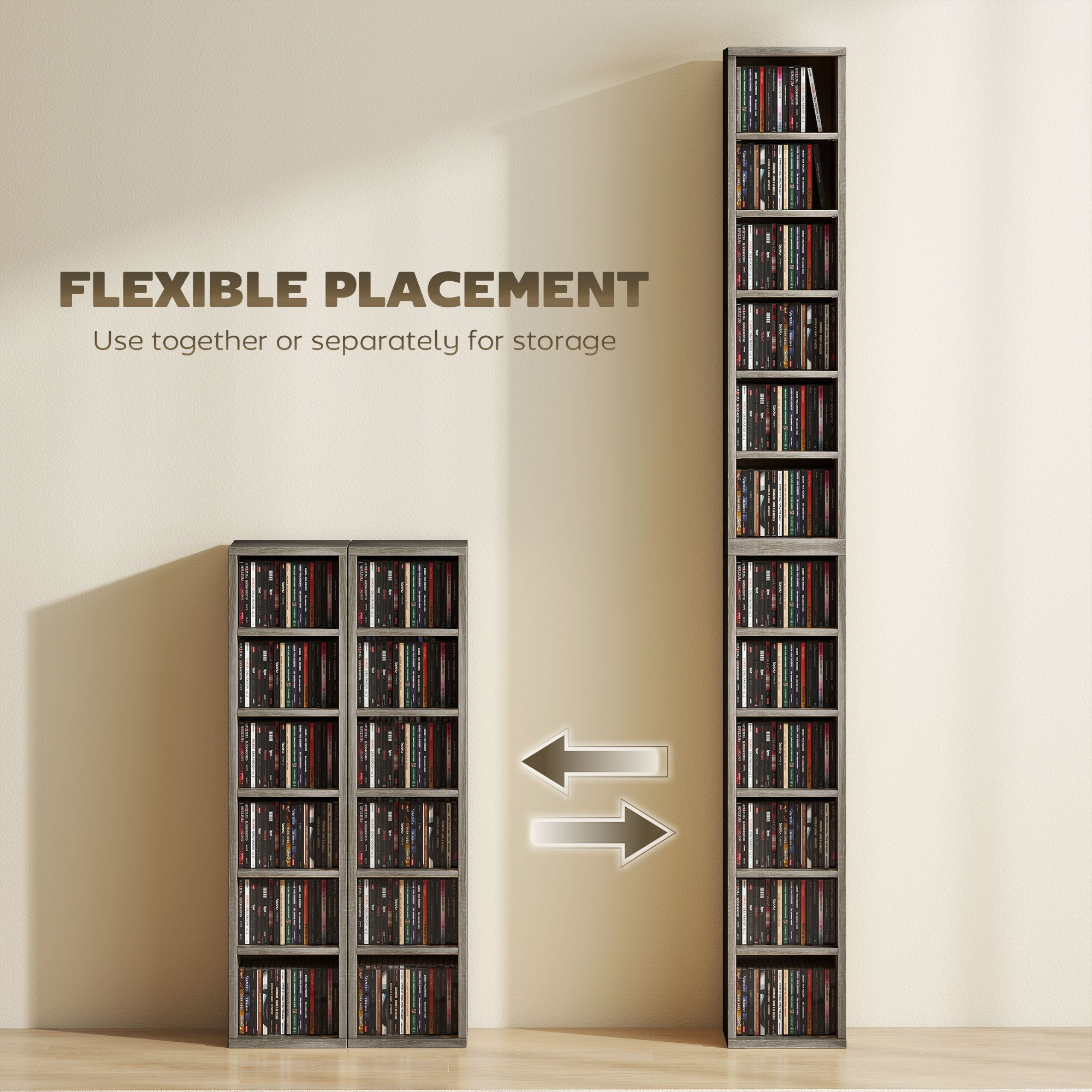 HOMCOM Set of 2 CD Media Display Shelf Unit Tower Rack with Adjustable Shelves, Distressed Grey 
