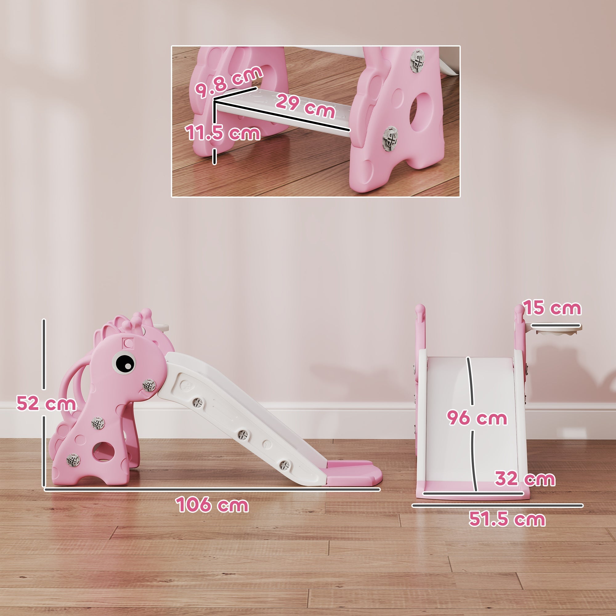 AIYAPLAY 3 in 1 Kids Slide with Climber, Basketball Hoop and Ball, Giraffe Shape Climber Slide for Indoor Kids Age 1-3, Pink 