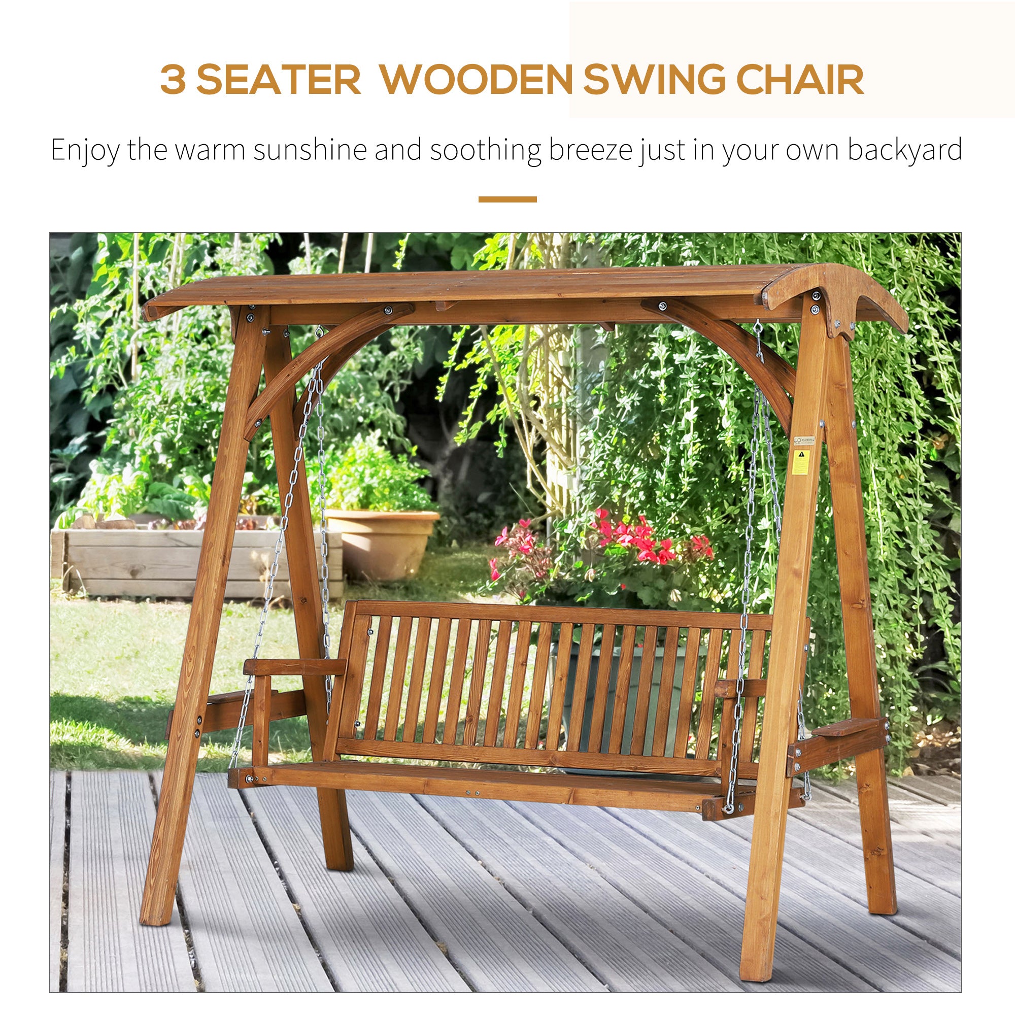 Outsunny 3 Seater Garden Swing Seat Wooden Swing Chair Hammock Bench Lounger with Canopy, Natural 