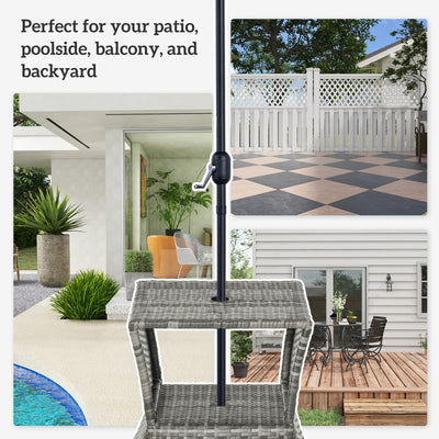 Outsunny Outdoor Patio Rattan Wicker Coffee Table Bistro Side Table w/ Umbrella Hole and Storage Space, Grey 