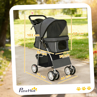 PawHut Dog Pram, Pet Stroller with Reflective Strips, Foldable Cat Stroller with 360° Swivel Wheels, Dark Grey 