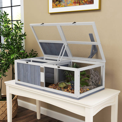 PawHut Wooden Tortoise House with Lamp Holder, Clear Observation Window, Openable Tops, Built-in Tray, Light Grey 
