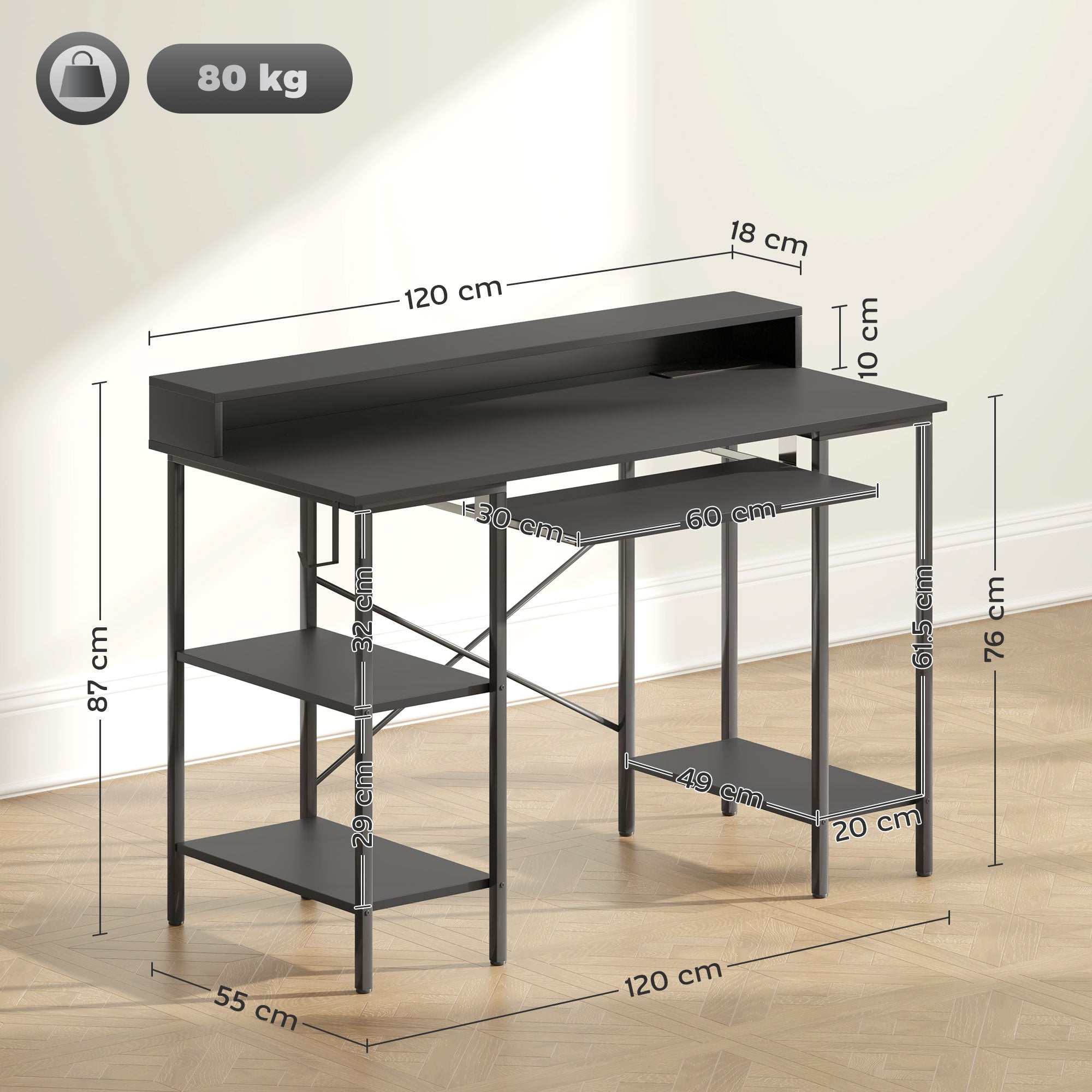 HOMCOM Computer Desk with LED Lights and Power Outlets, 120 x 55 cm Reversible Gaming Desk with Monitor Stand, Sliding Keyboard Tray and Storage Shelves for Home Office, Black 
