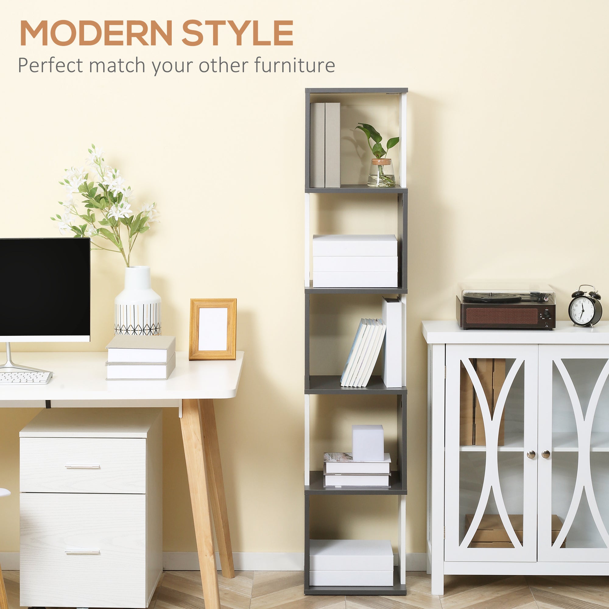 HOMCOM Modern 5-Tier Bookshelf, Freestanding Bookcase Storage Shelving for Living Room Home Office Study, White and Dark Grey 