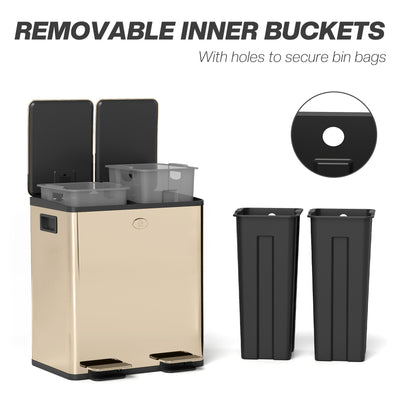 HOMCOM 40L Dual Compartment Stainless Steel Bin, with Deodoriser Holders - Gold Tone 