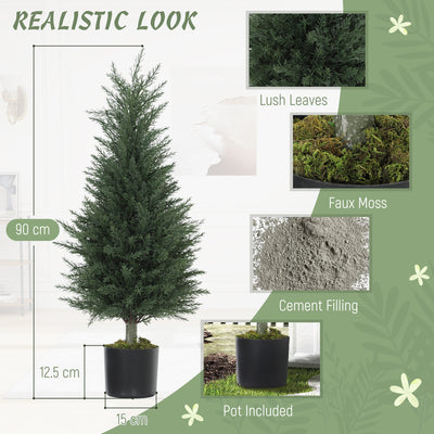 HOMCOM Set of 2 Decorative Artificial Plant, 90 cm Cypress Tree with 362 Leaves in Pot, UV-Resistant Plastic Fake Tree for Indoor Outdoor Home Office 